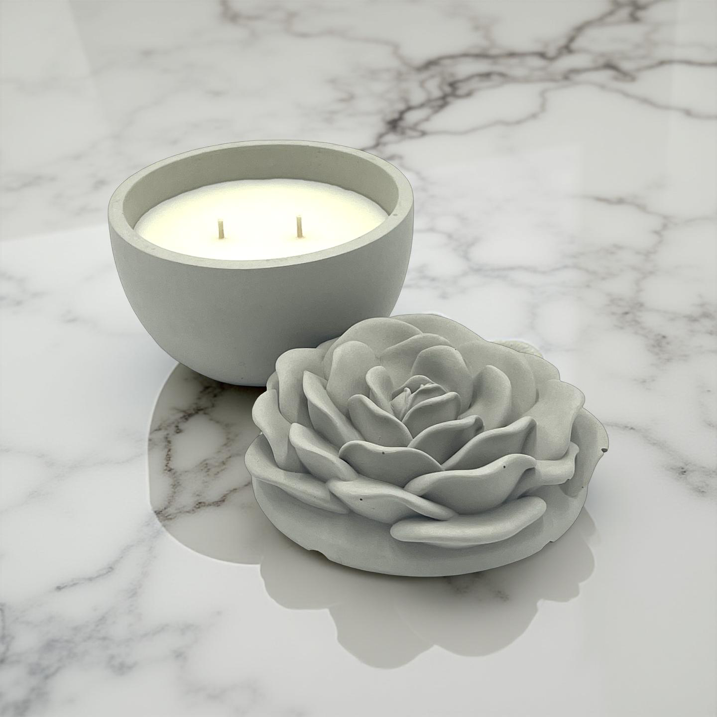 Handcrafted Concrete Rose Vessel with Lid – Soy Wax Candle - Vanilla 8oz