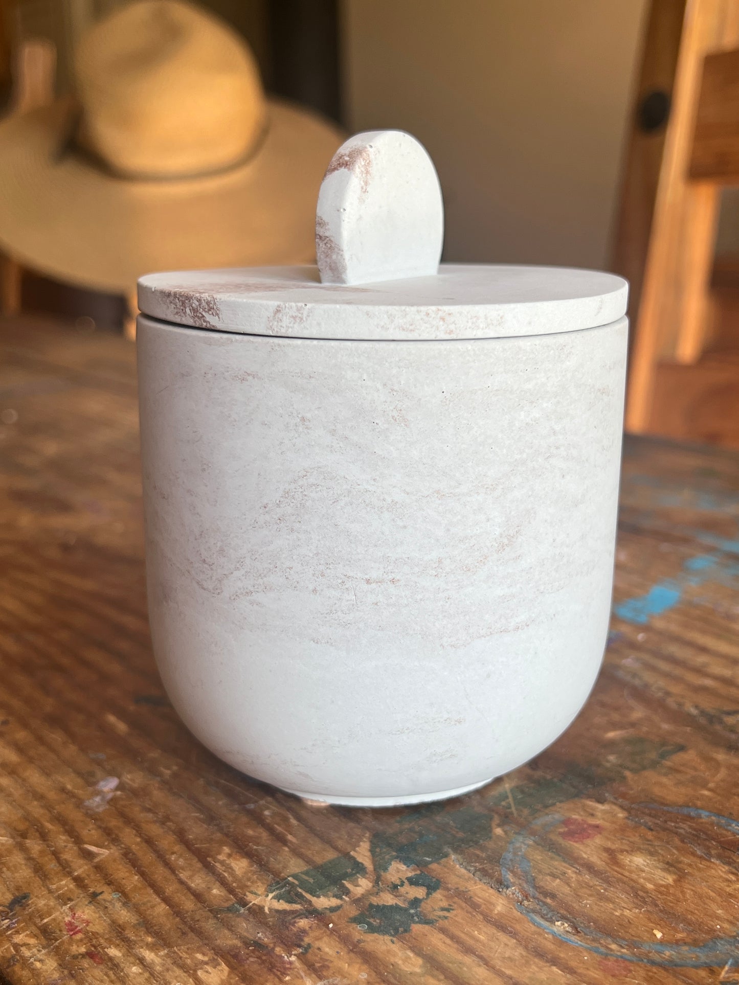 Handcrafted concrete vessel with lid