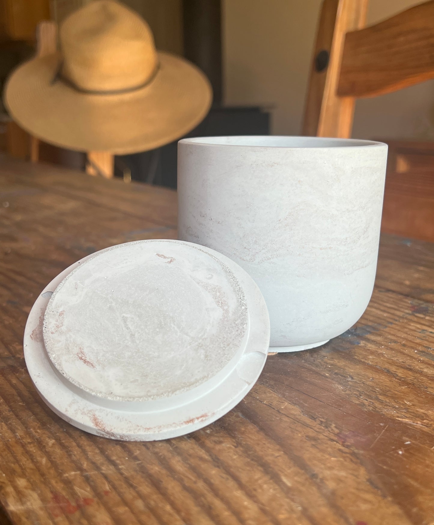 Handcrafted concrete vessel with lid