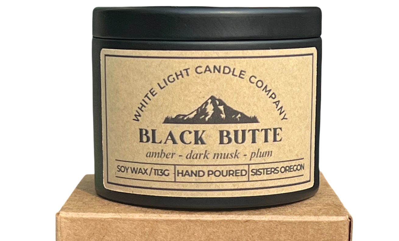 Black Butte Hand-Poured Soy Candle in Matte Black Travel Tin