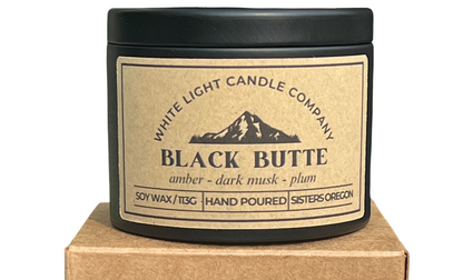 Black Butte Hand-Poured Soy Candle in Matte Black Travel Tin