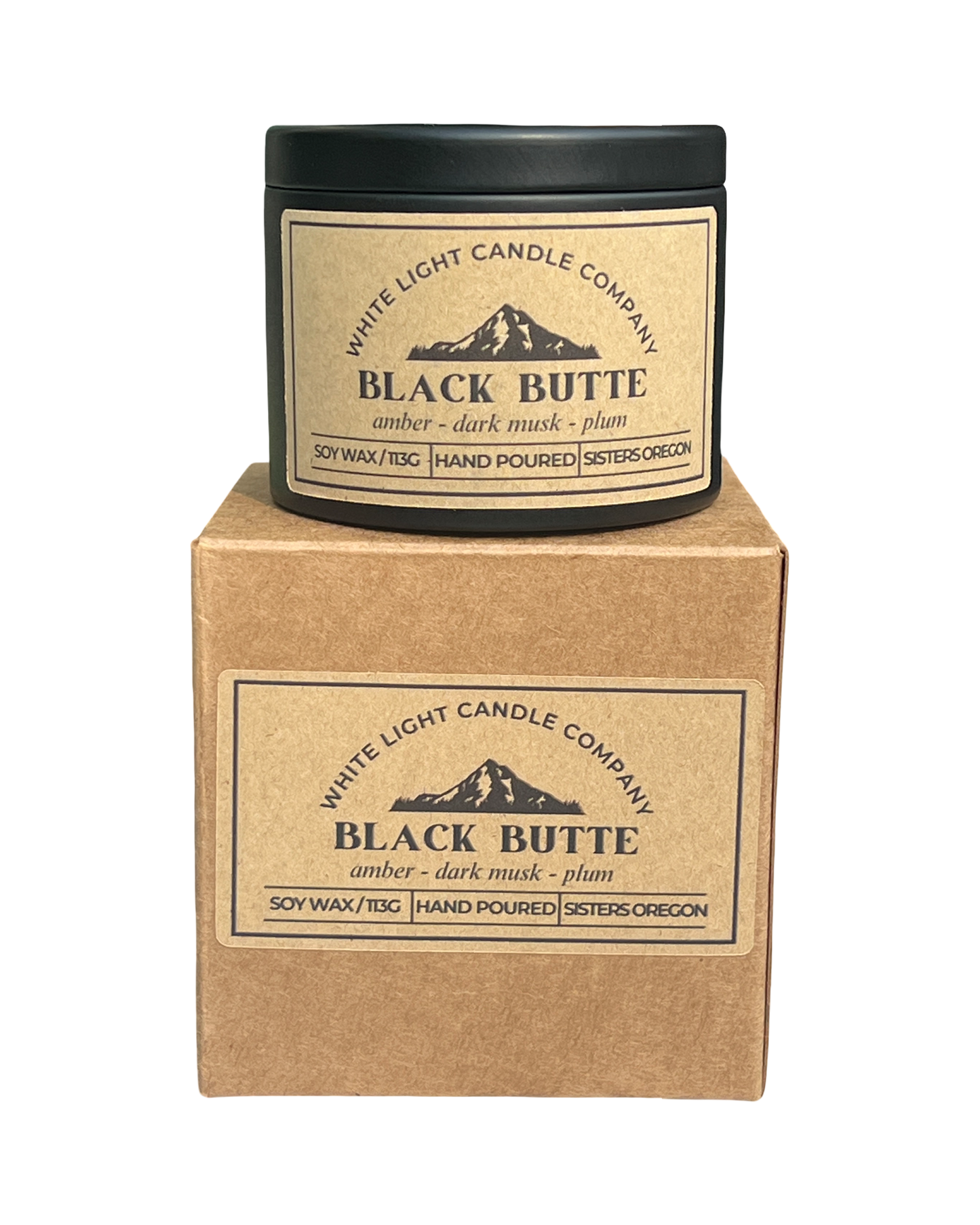 Black Butte Hand-Poured Soy Candle in Matte Black Travel Tin