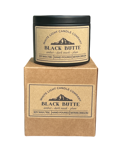 Black Butte Hand-Poured Soy Candle in Matte Black Travel Tin