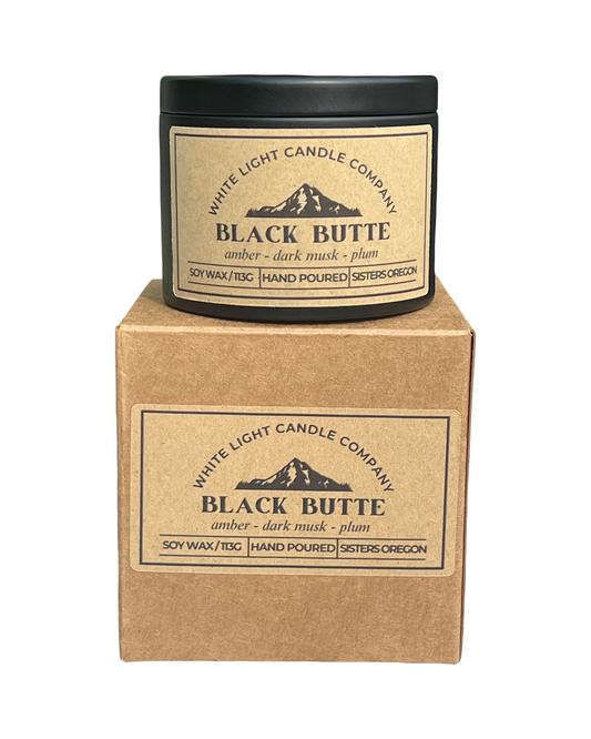 Black Butte Hand-Poured Soy Candle in Matte Black Travel Tin