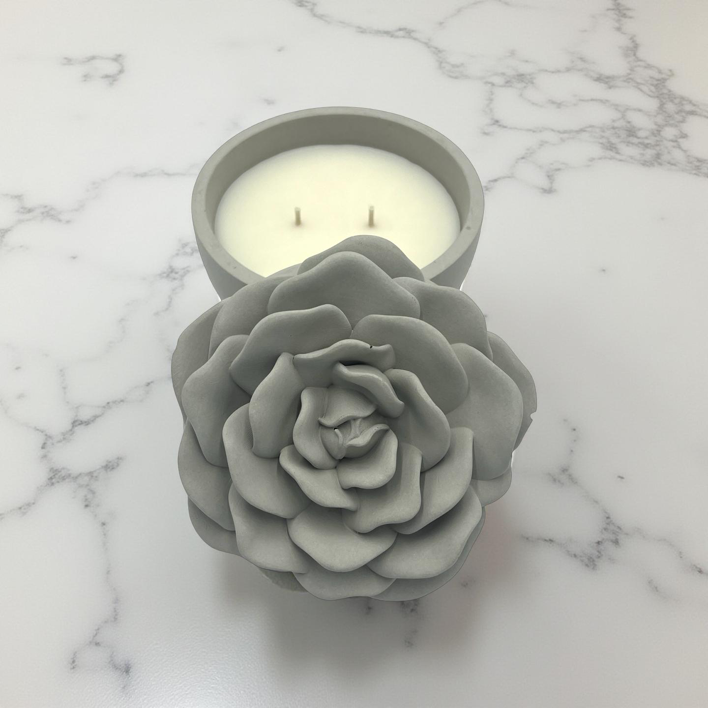 Handcrafted Concrete Rose Vessel with Lid – Soy Wax Candle - Vanilla 8oz