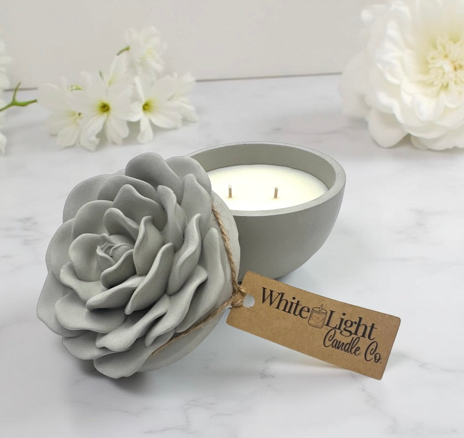 Handcrafted Concrete Rose Vessel with Lid – Soy Wax Candle - Vanilla 8oz