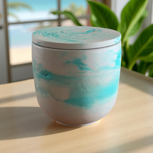 Handcrafted Concrete Seafoam & Sand Vessel with Lid – Soy Wax Candle - Vanilla 9oz